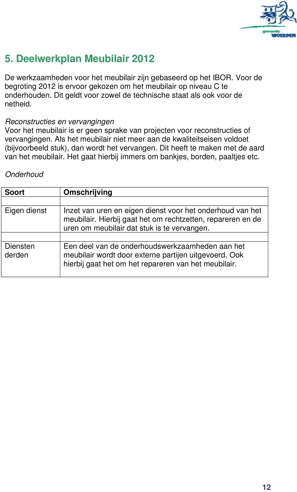 Als het meubilair niet meer aan de kwaliteitseisen voldoet (bijvoorbeeld stuk), dan wordt het vervangen. Dit heeft te maken met de aard van het meubilair.