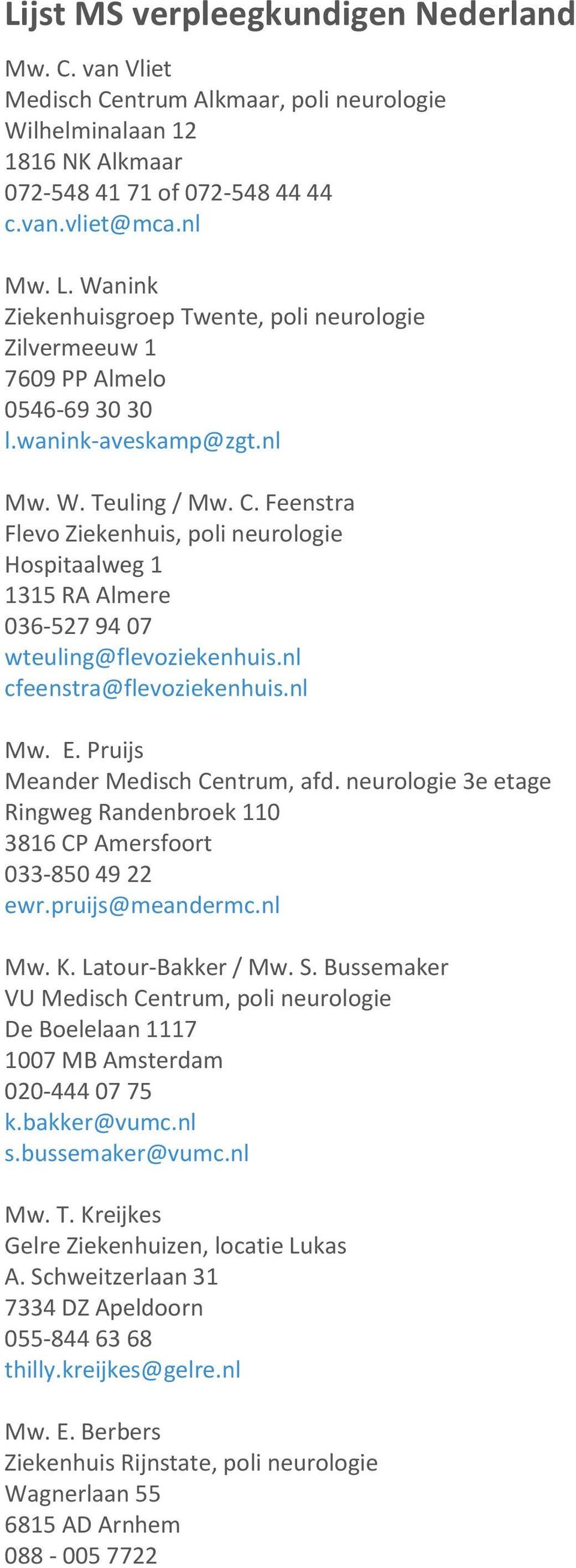 Feenstra Flevo Ziekenhuis, poli neurologie Hospitaalweg 1 1315 RA Almere 036-527 94 07 wteuling@flevoziekenhuis.nl cfeenstra@flevoziekenhuis.nl Mw. E. Pruijs Meander Medisch Centrum, afd.