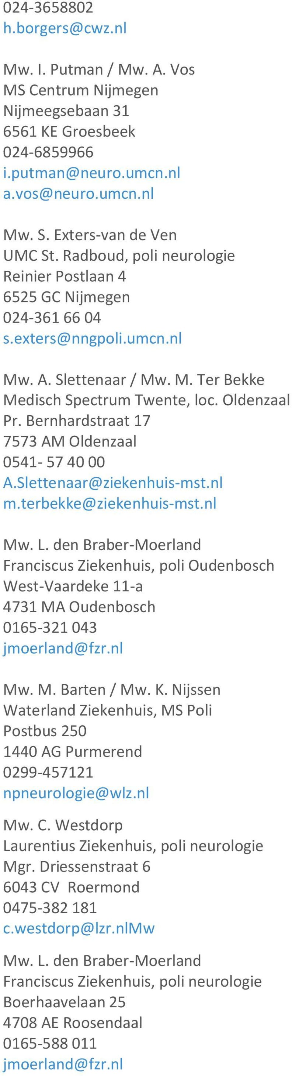 Bernhardstraat 17 7573 AM Oldenzaal 0541-57 40 00 A.Slettenaar@ziekenhuis-mst.nl m.terbekke@ziekenhuis-mst.nl Mw. L.