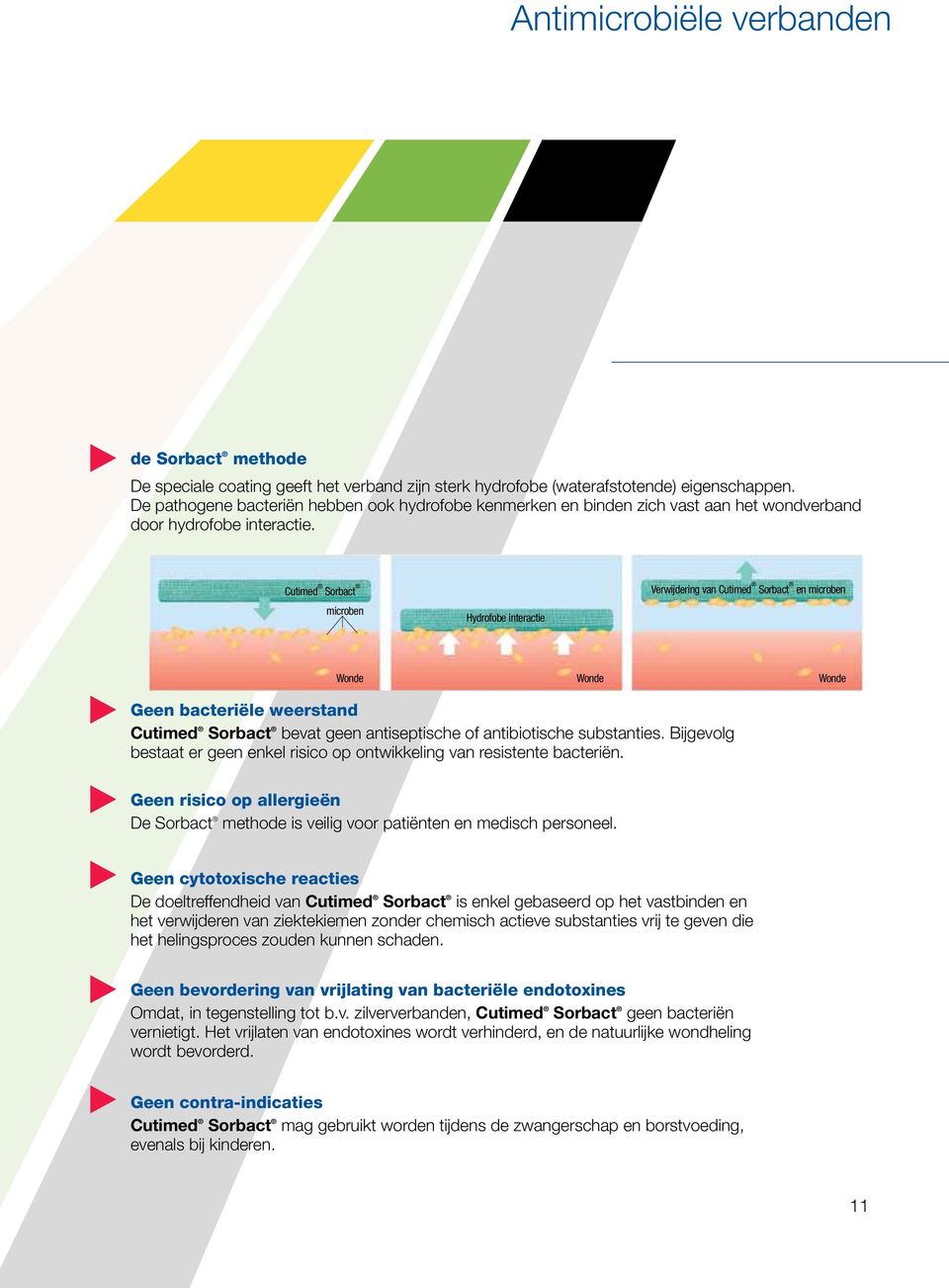 Cutimed Sorbact microben Hydrofobe interactie Verwijdering van Cutimed Sorbact en microben Wonde Wonde Wonde Geen bacteriële weerstand Cutimed Sorbact bevat geen antiseptische of antibiotische