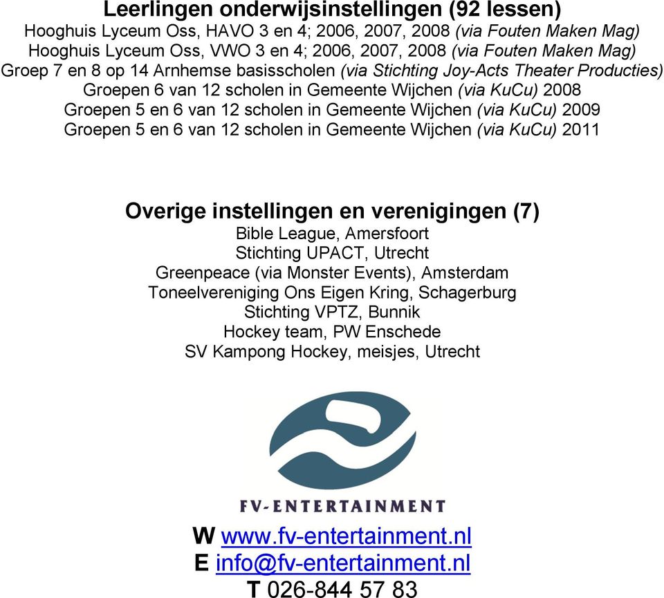2009 Groepen 5 en 6 van 12 scholen in Gemeente Wijchen (via KuCu) 2011 Overige instellingen en verenigingen (7) Bible League, Amersfoort Stichting UPACT, Utrecht Greenpeace (via Monster Events),