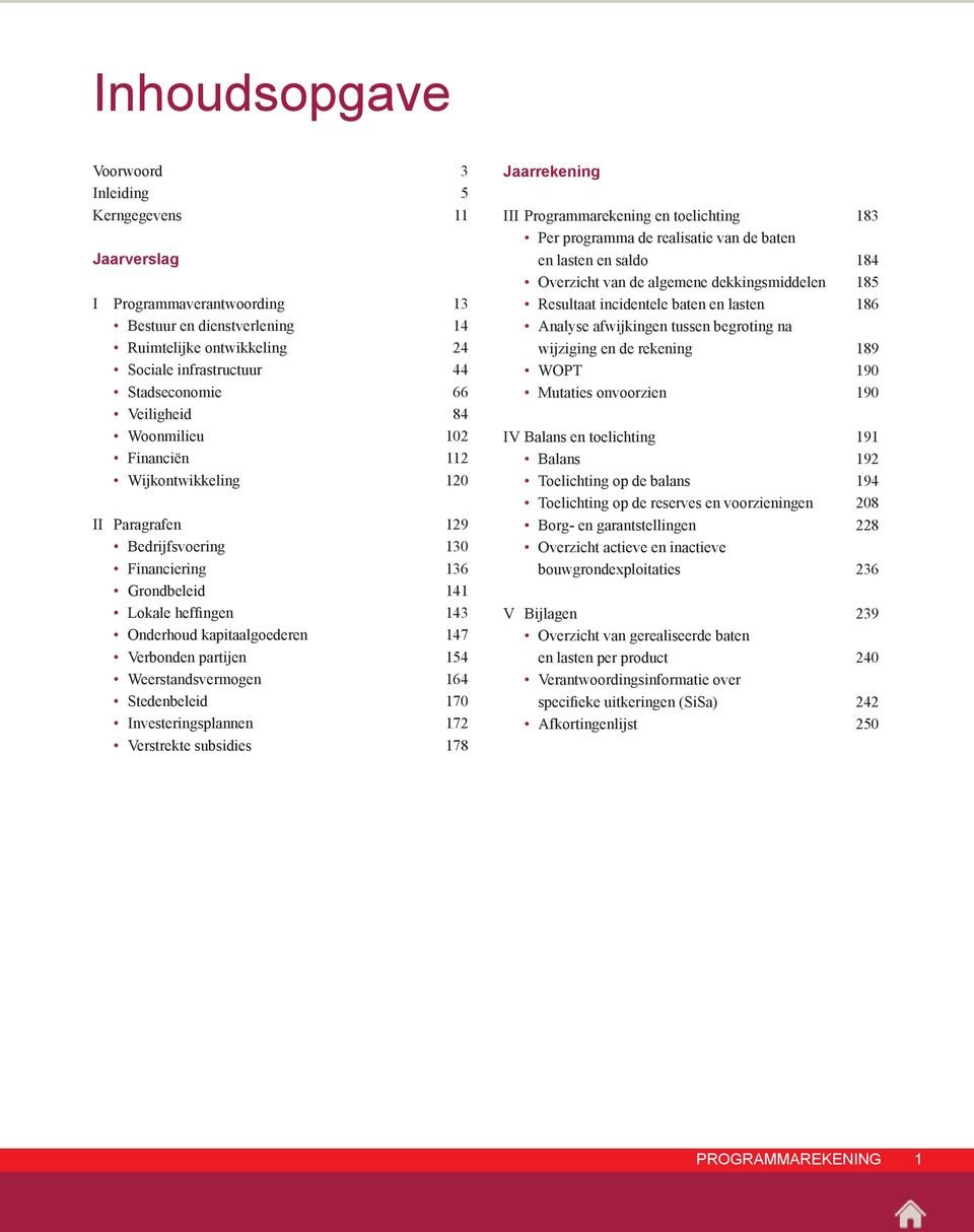 partijen 154 Weerstandsvermogen 164 Stedenbeleid 170 Investeringsplannen 172 Verstrekte subsidies 178 Jaarrekening III Programmarekening en toelichting 183 Per programma de realisatie van de baten en