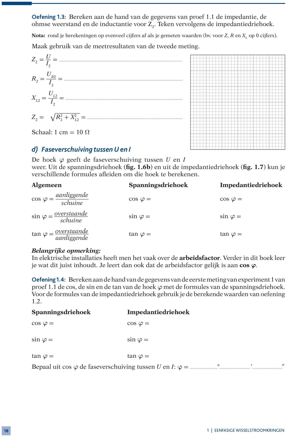 Z 2 U I 2 R 2 U R2 I 2 X L2 U L2 I 2 Z 2 R 2 2 + X L2 2 Schaal: 1 cm 10 Ω d) Faseverschuiving tussen U en I De hoek φ geeft de faseverschuiving tussen U en I weer. Uit de spanningsdriehoek (fig. 1.6b) en uit de impedantiedriehoek (fig.