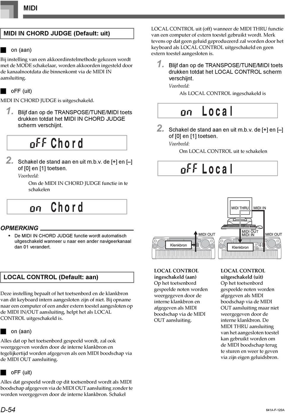 LOCAL CONTROL uit (off) wanneer de MIDI THRU functie van een computer of extern toestel gebruikt wordt.