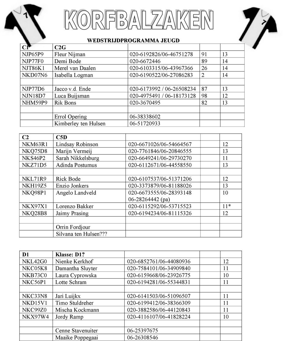 Ende 020-6173992 / 06-26508234 87 13 NJN18D7 Luca Buijsman 020-4975491 / 06-18173128 98 12 NHM59P9 Rik Bons 020-3670495 82 13 Errol Opering 06-38338602 Kimberley ten Hulsen 06-51720933 C2 C5D NKM63R1