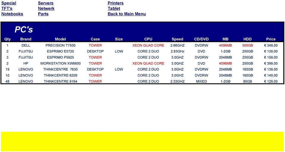 0GHZ DVDRW 2048MB 250GB 159,00 2 HP WORKSTATION XW6600 TOWER XEON QUAD CORE 3.0GHZ DVD 4096MB 250GB 399,00 19 LENOVO THINKCENTRE 7630 DESKTOP LOW CORE 2 DUO 3.