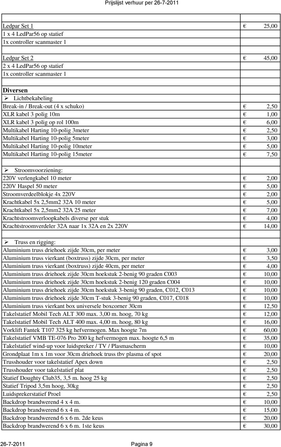 Multikabel Harting 10-polig 15meter 7,50 Stroomvoorziening: 220V verlengkabel 10 meter 2,00 220V Haspel 50 meter 5,00 Stroomverdeelblokje 4x 220V 2,00 Krachtkabel 5x 2,5mm2 32A 10 meter 5,00