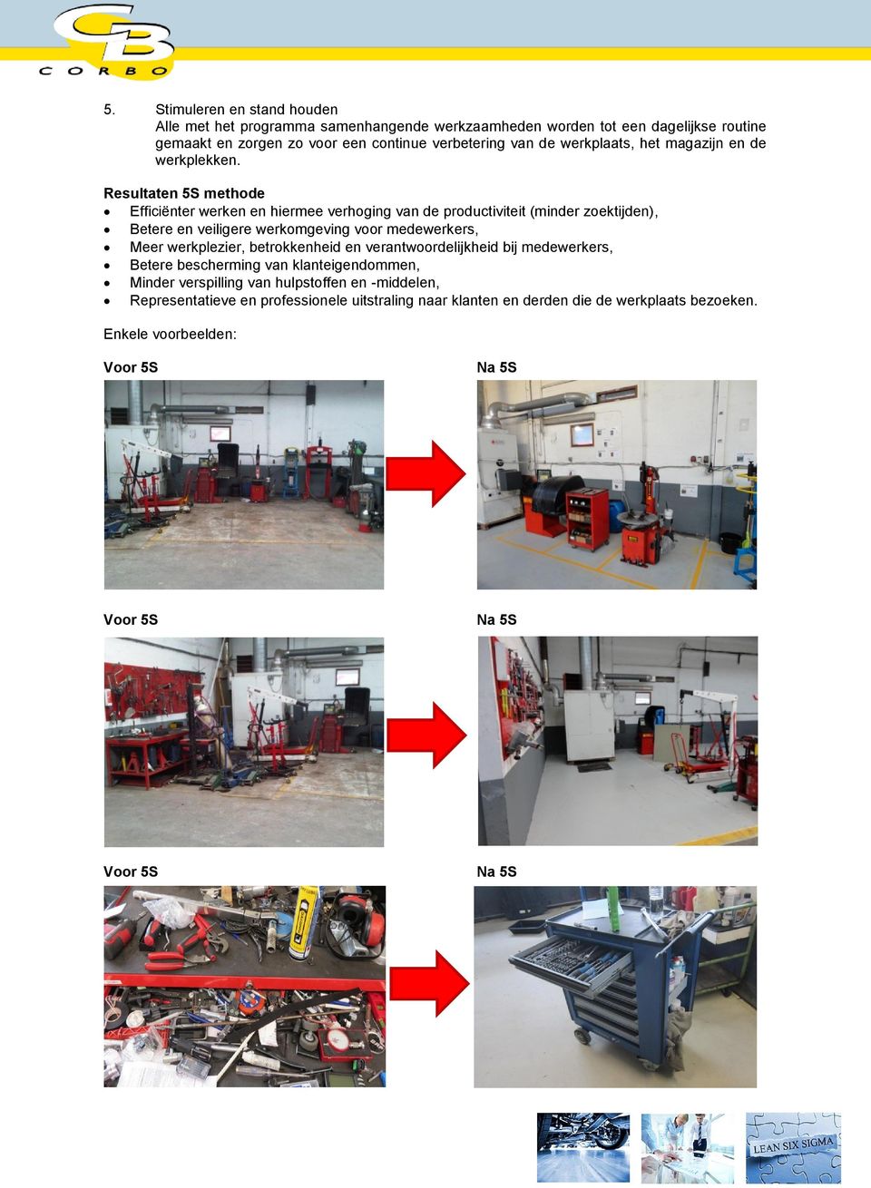 Resultaten 5S methode Efficiënter werken en hiermee verhoging van de productiviteit (minder zoektijden), Betere en veiligere werkomgeving voor medewerkers, Meer
