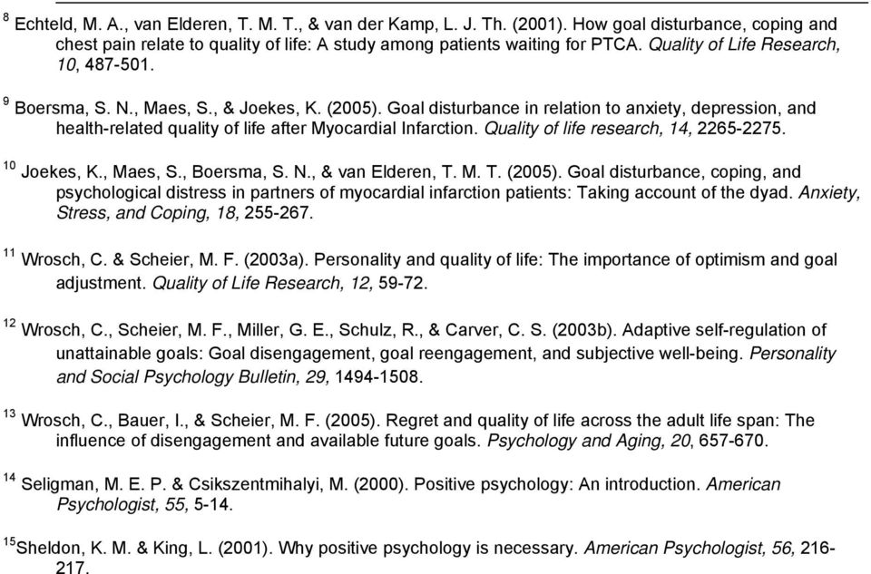 Goal disturbance in relation to anxiety, depression, and health-related quality of life after Myocardial Infarction. Quality of life research, 14, 2265-2275. 10 Joekes, K., Maes, S., Boersma, S. N.