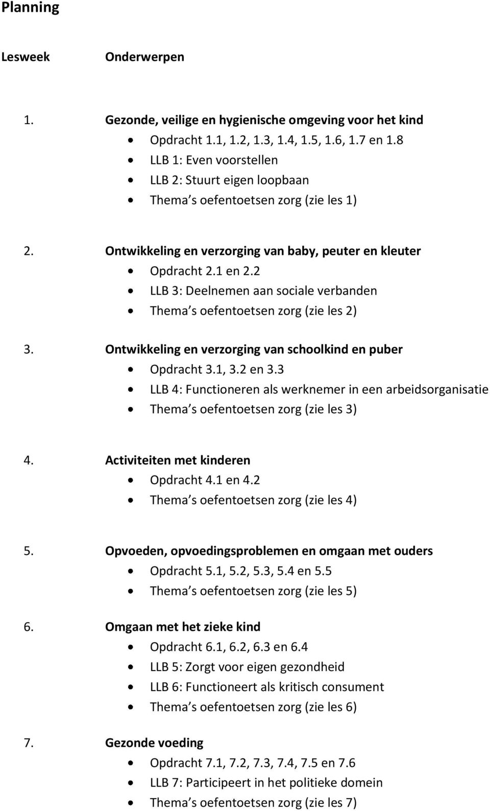 2 LLB 3: Deelnemen aan sociale verbanden Thema s oefentoetsen zorg (zie les 2) 3. Ontwikkeling en verzorging van schoolkind en puber Opdracht 3.1, 3.2 en 3.