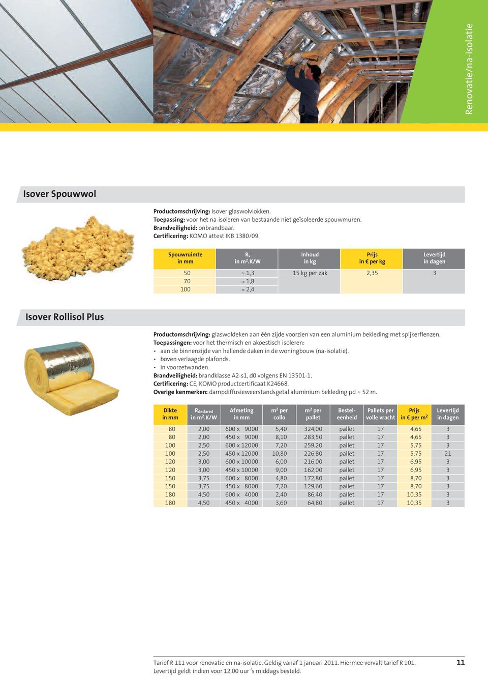 K/W in kg in per kg in dagen 50 1,3 15 kg per zak 2,35 3 70 1,8 100 2,4 Isover Rollisol Plus Productomschrijving: glaswoldeken aan één zijde voorzien van een aluminium bekleding met spijkerflenzen.