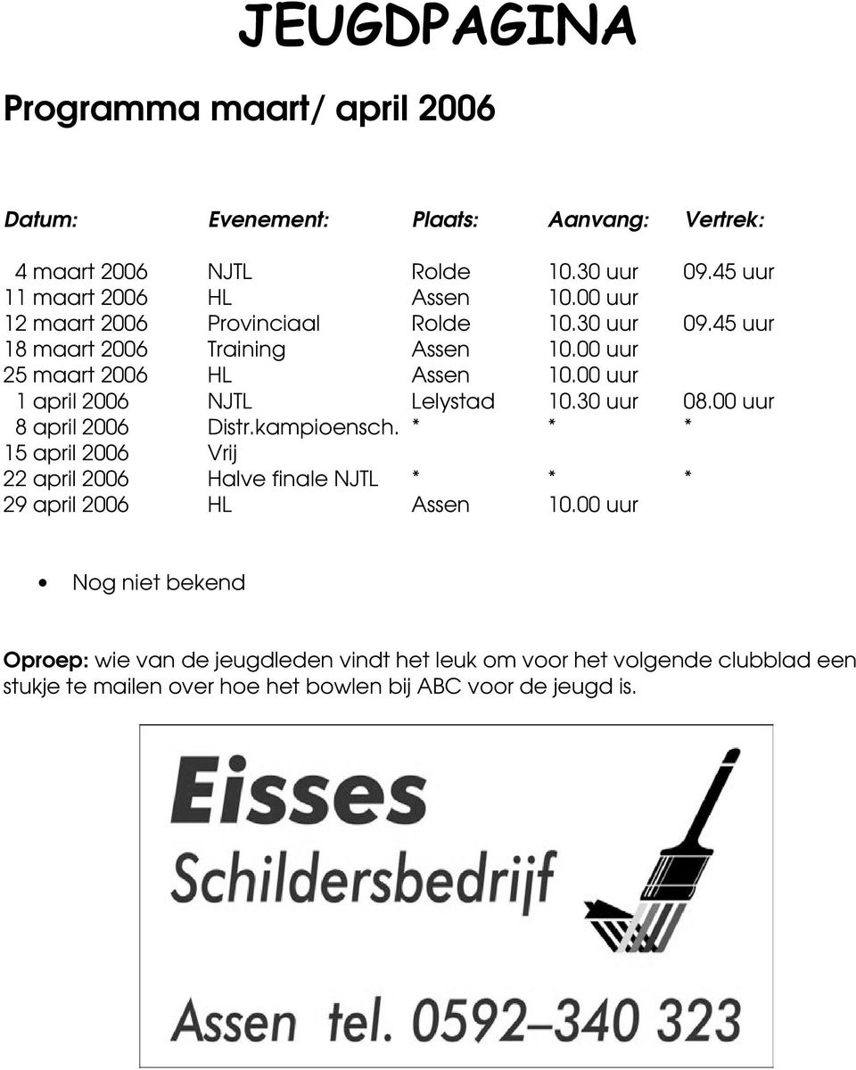 00 uur 1 april 2006 NJTL Lelystad 10.30 uur 08.00 uur 8 april 2006 Distr.kampioensch.