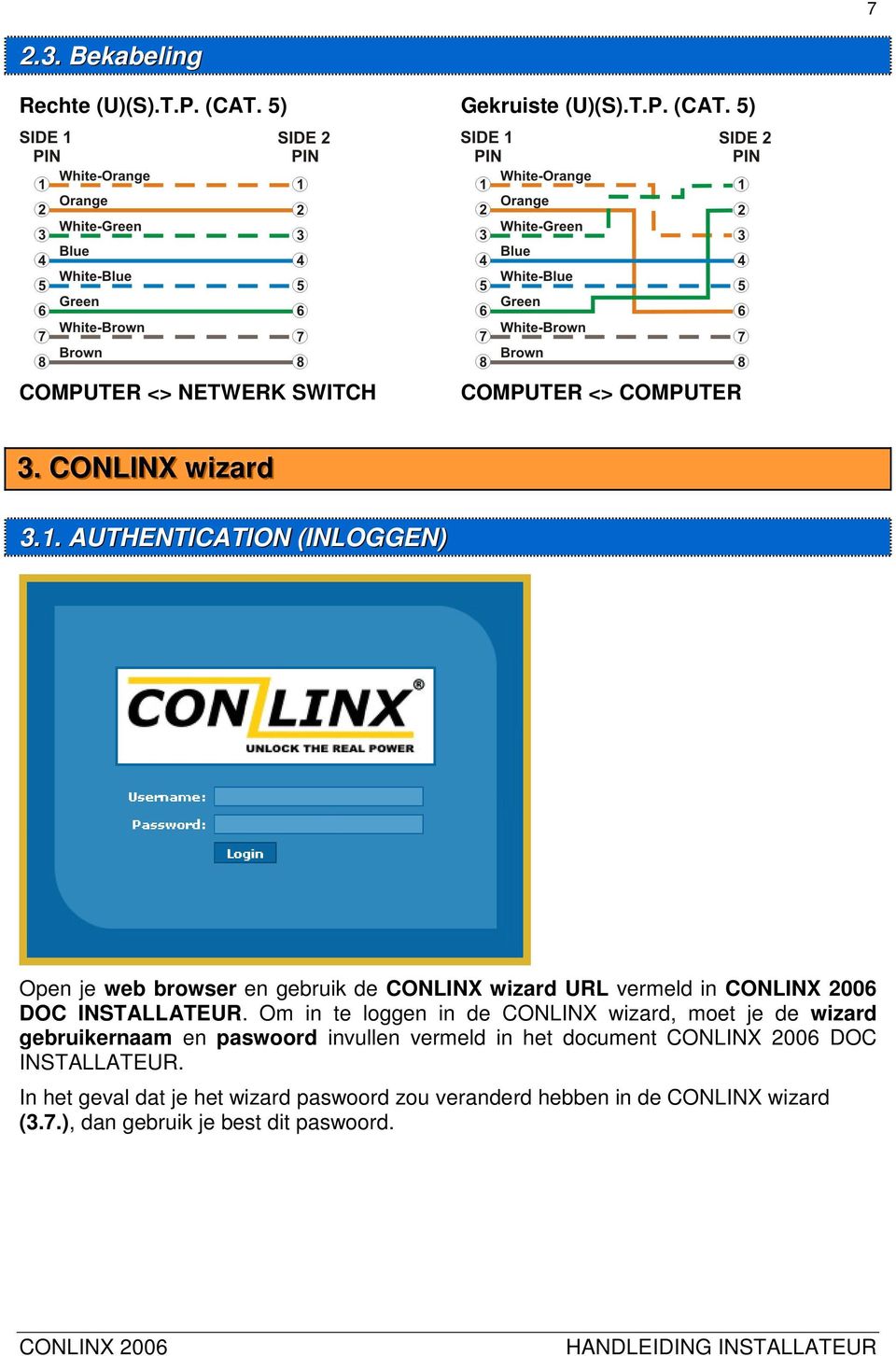 AUTHENTICATION (INLOGGEN) Open je web browser en gebruik de CONLINX wizard URL vermeld in DOC INSTALLATEUR.