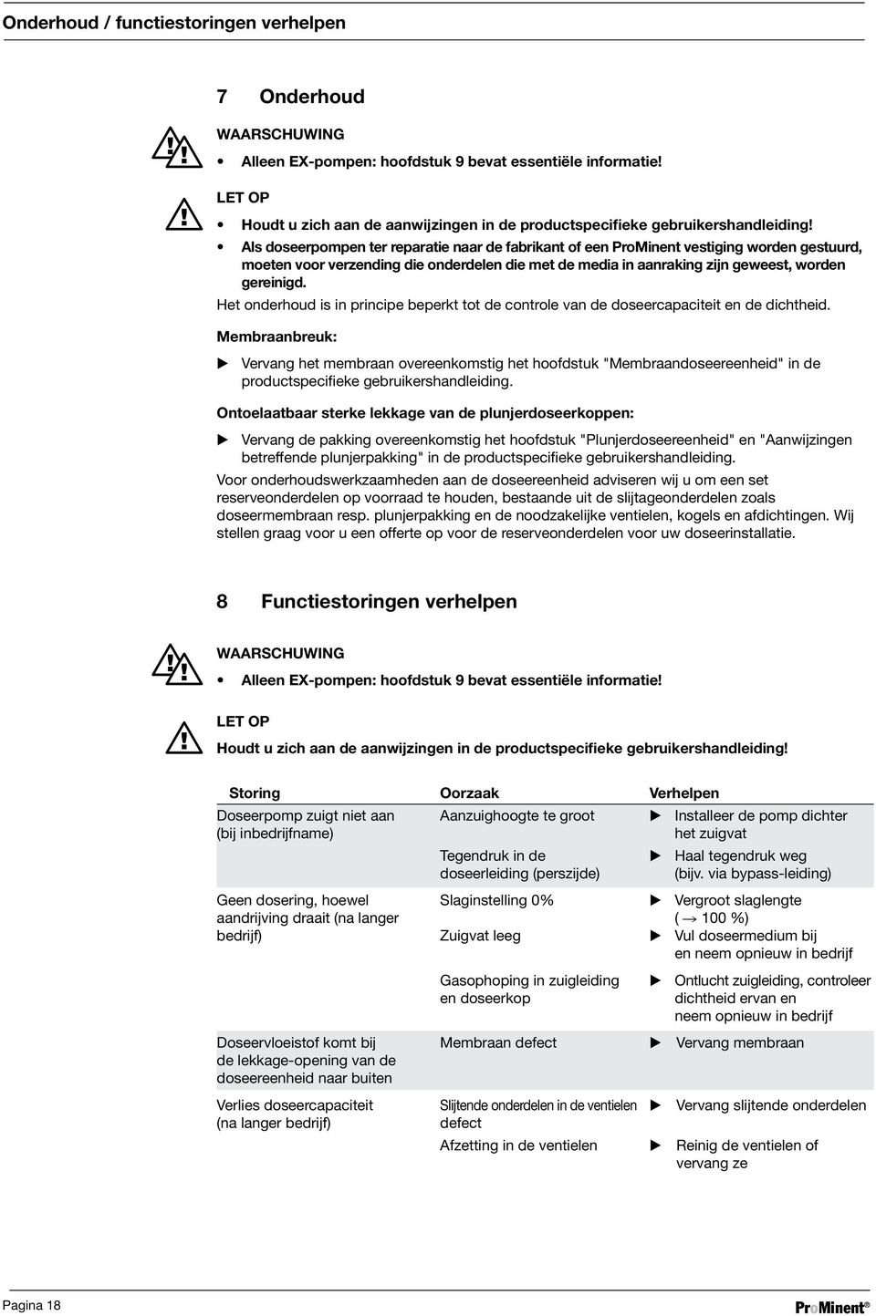 Werden Als doseerpompen Dosierpumpen ter reparatie zur Reparatur naar de fabrikant an das Herstellerwerk of een ProMinent oder vestiging eine ProMinent- worden gestuurd, Niederlassung moeten voor