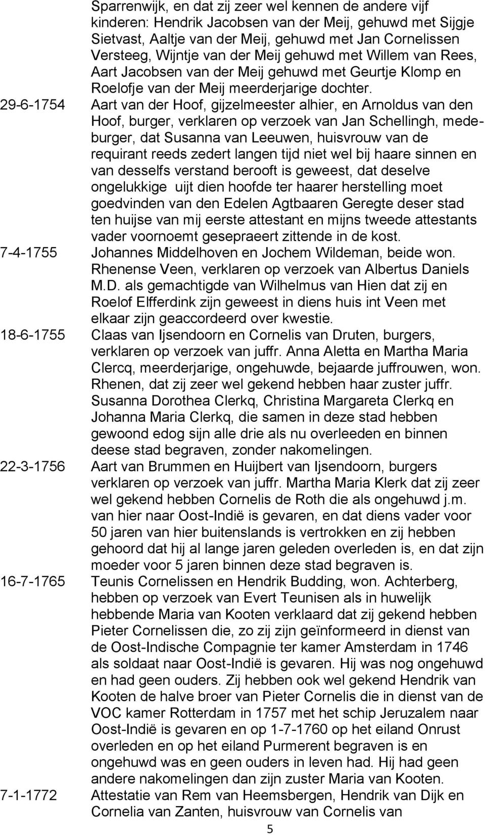 29-6-1754 Aart van der Hoof, gijzelmeester alhier, en Arnoldus van den Hoof, burger, verklaren op verzoek van Jan Schellingh, medeburger, dat Susanna van Leeuwen, huisvrouw van de requirant reeds