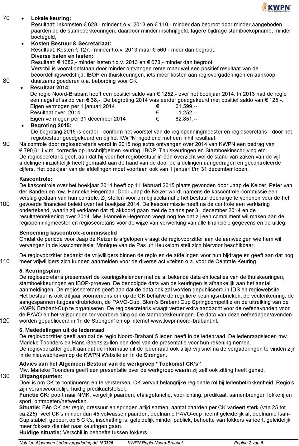 Secretariaat: Resultaat: Kosten 127,- minder t.o.v. 2013 maar 560,- meer dan begroot. Diverse baten en lasten: Resultaat: 1682,- minder lasten t.o.v. 2013 en 673,- minder dan begroot.