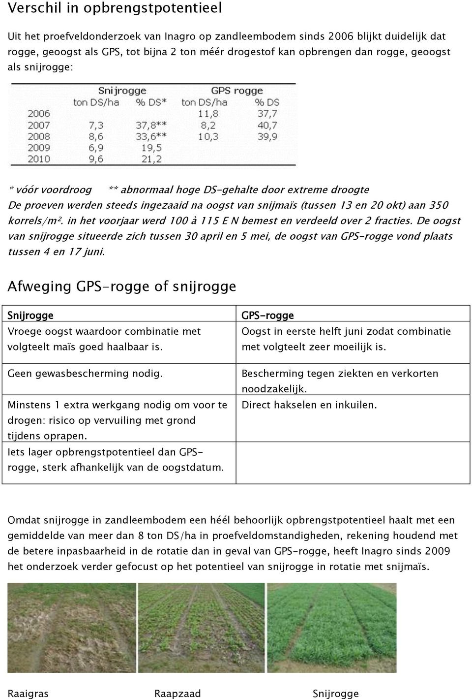 in het voorjaar werd 100 à 115 E N bemest en verdeeld over 2 fracties. De oogst van snijrogge situeerde zich tussen 30 april en 5 mei, de oogst van GPS-rogge vond plaats tussen 4 en 17 juni.