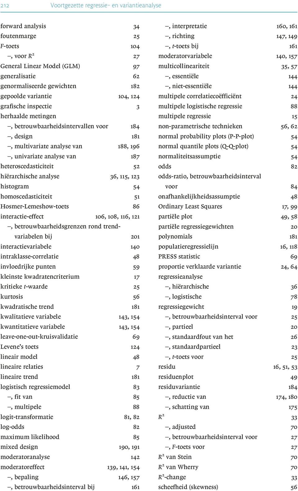 hiërarchische analyse 36, 115, 123 histogram 54 homoscedasticiteit 51 Hosmer-Lemeshow-toets 86 interactie-effect 106, 108, 116, 121, betrouwbaarheidsgrenzen rond trendvariabelen bij 201