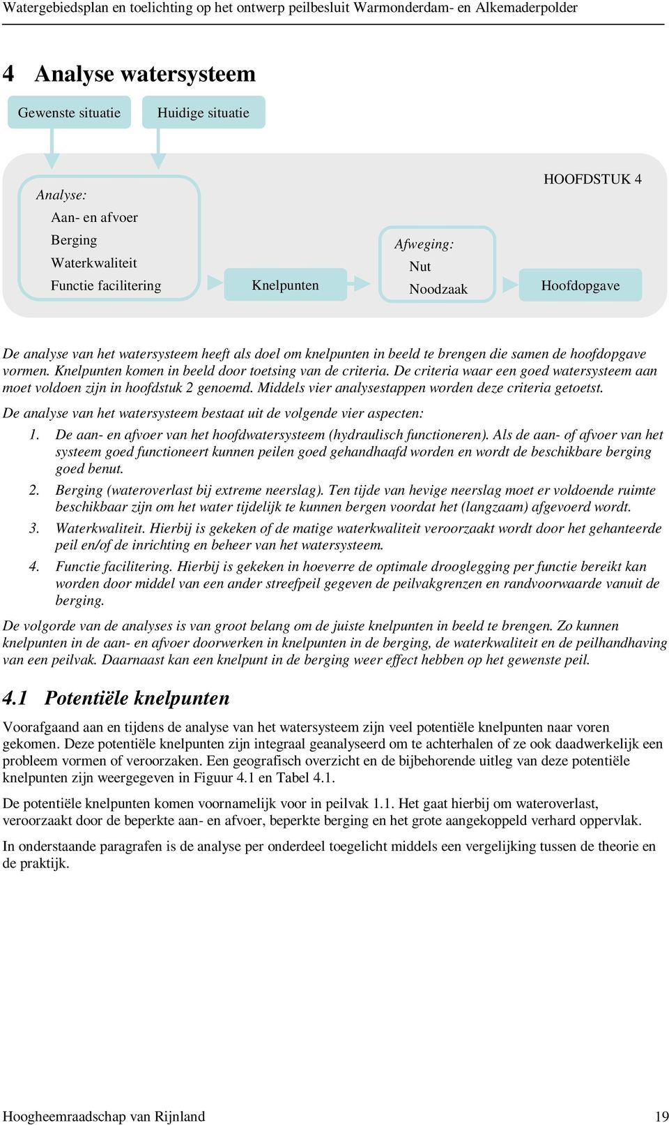 De criteria waar een goed watersysteem aan moet voldoen zijn in hoofdstuk 2 genoemd. Middels vier analysestappen worden deze criteria getoetst.