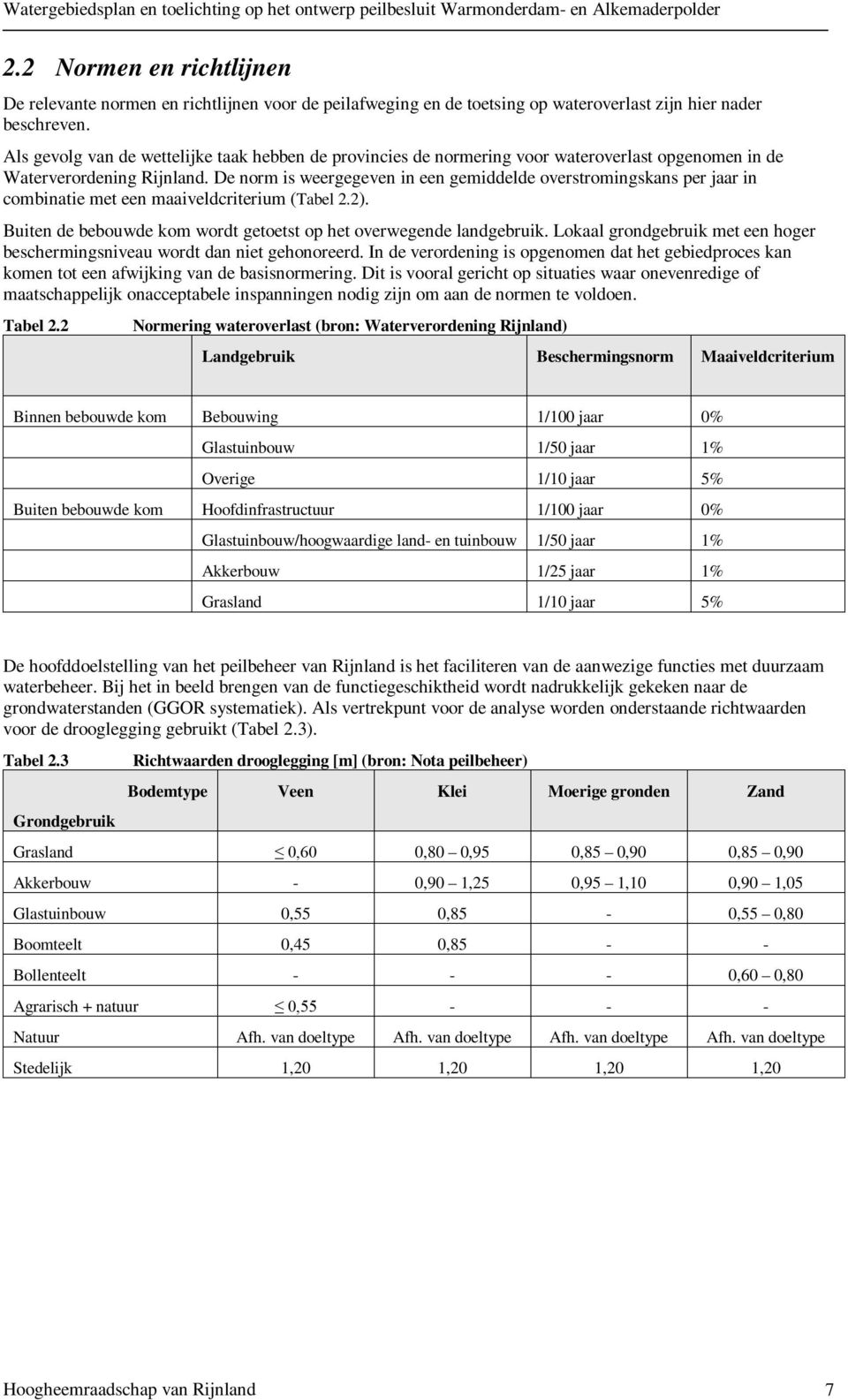 De norm is weergegeven in een gemiddelde overstromingskans per jaar in combinatie met een maaiveldcriterium (Tabel 2.2). Buiten de bebouwde kom wordt getoetst op het overwegende landgebruik.