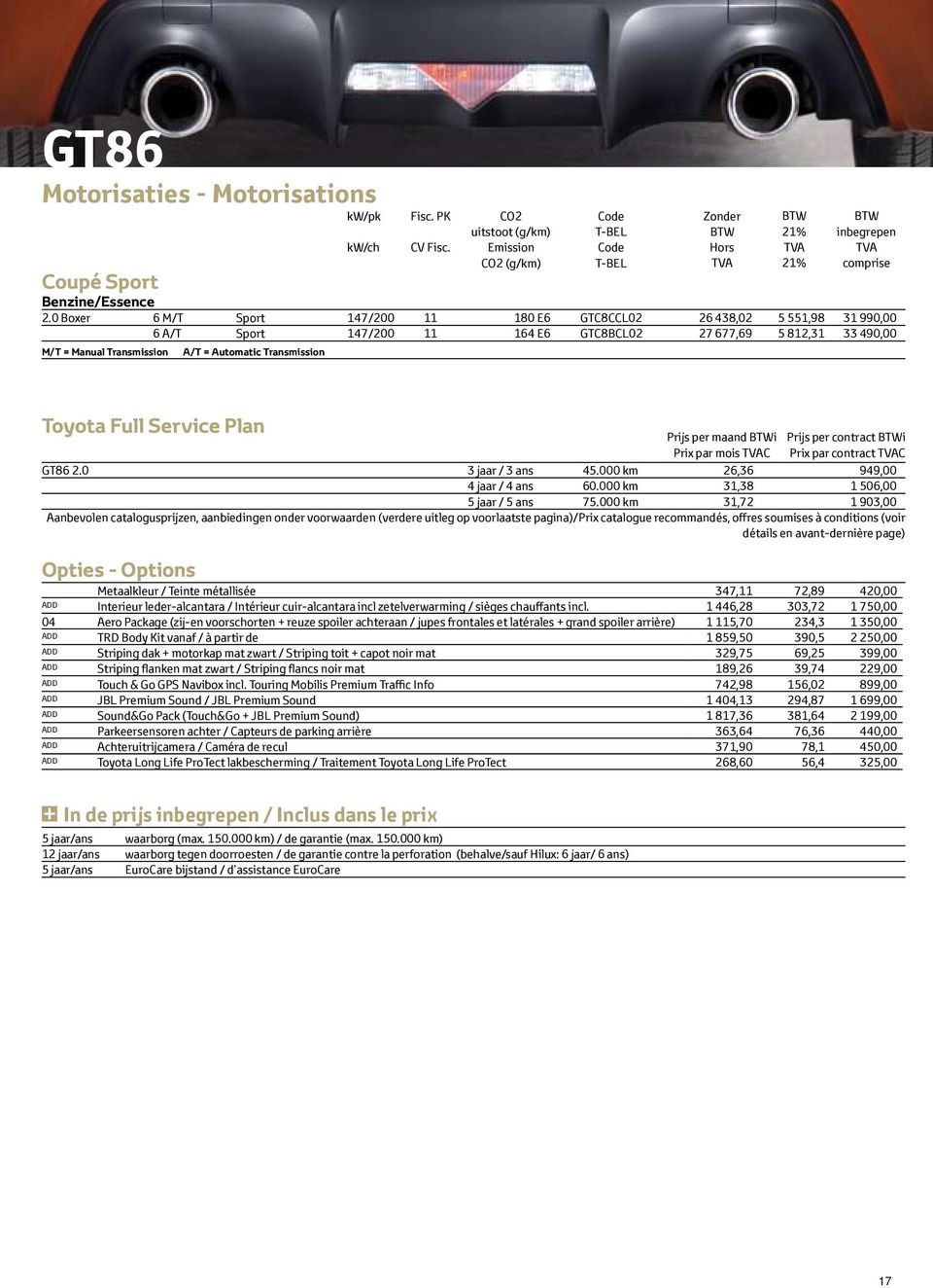 Transmission Fisc. PK CV Fisc. CO2 uitstoot (g/km) Emission CO2 (g/km) Prijs per maand i Prix par mois C Prijs per contract i Prix par contract C GT86 2.0 3 jaar / 3 ans 45.