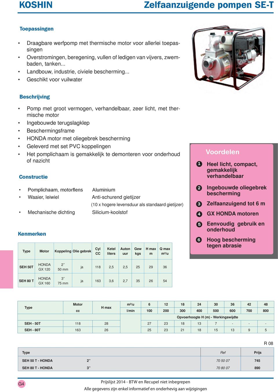 .. Geschikt voor vuilwater Beschrijving Pomp met groot vermogen, verhandelbaar, zeer licht, met thermische motor Beschermingsframe motor met oliegebrek bescherming Geleverd met set PVC koppelingen