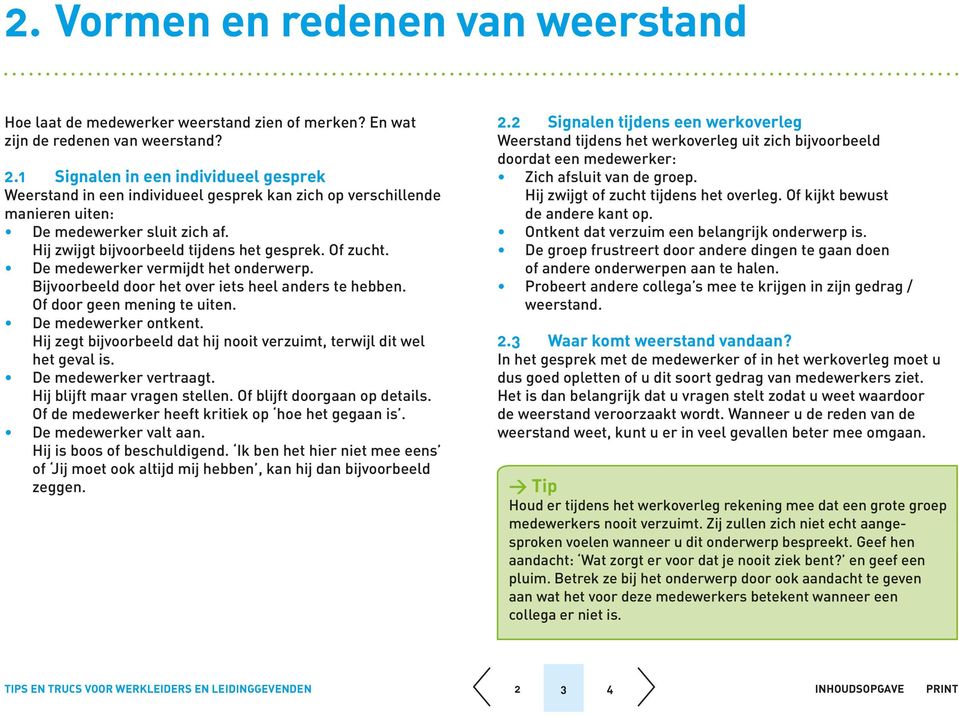 De medewerker vermijdt het onderwerp. Bijvoorbeeld door het over iets heel anders te hebben. Of door geen mening te uiten. De medewerker ontkent.