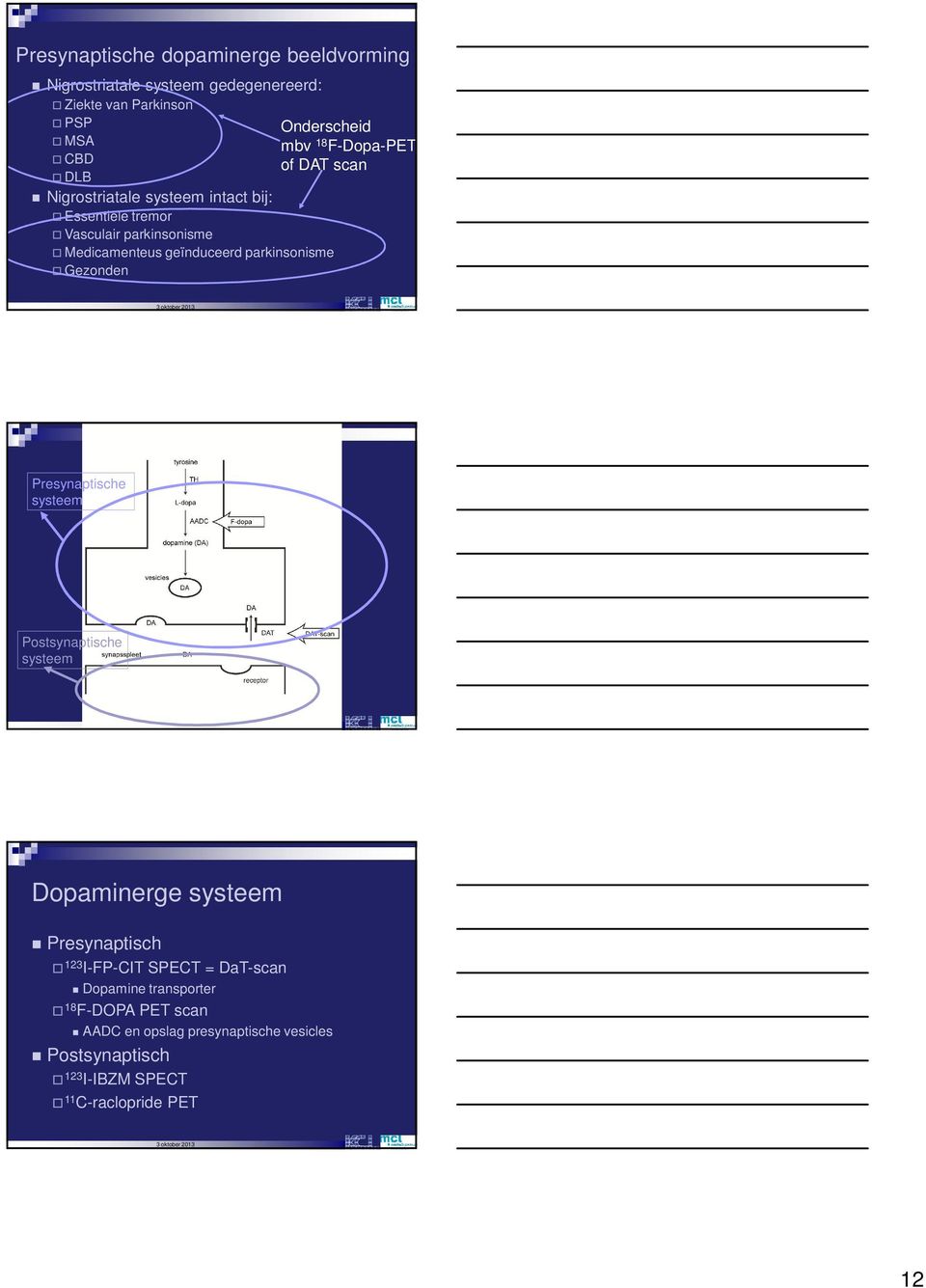 F-Dopa-PET of DAT scan Presynaptische systeem Postsynaptische systeem Dopaminerge systeem Presynaptisch 123 I-FP-CIT SPECT =