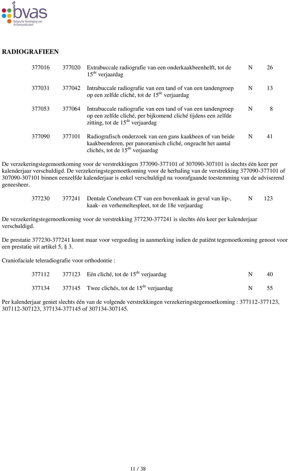 verjaardag 377090 377101 Radiografisch onderzoek van een gans kaakbeen of van beide kaakbeenderen, per panoramisch cliché, ongeacht het aantal clichés, tot de 15 de verjaardag N 26 N 13 N 8 N 41 De