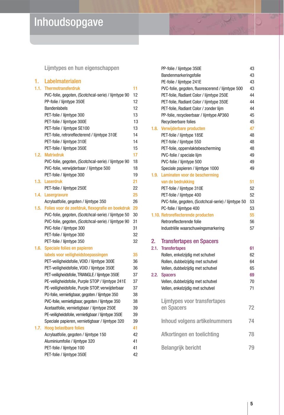 1. Thermotransferdruk 11 PVC-folie, gegoten, (Scotchcal-serie) / lijmtype 90 12 PP-folie / lijmtype 350E 12 Bandenlabels 12 PET-folie / lijmtype 300 13 PET-folie / lijmtype 300E 13 PET-folie /