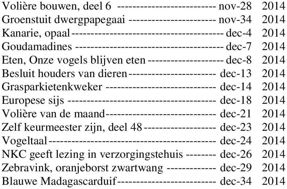 Grasparkietenkweker ----------------------------- dec-14 2014 Europese sijs --------------------------------------- dec-18 2014 Volière van de maand ----------------------------- dec-21 2014 Zelf