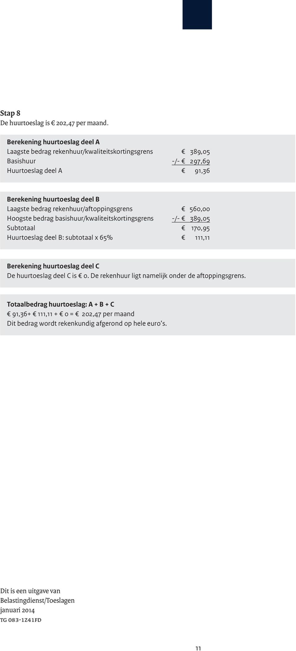 bedrag rekenhuur/aftoppingsgrens 560,00 Hoogste bedrag basishuur/kwaliteitskortingsgrens -/- 389,05 Subtotaal 170,95 Huurtoeslag deel B: subtotaal x 65% 111,11 Berekening