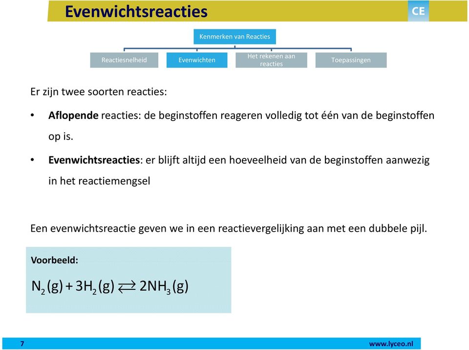 Evenwichtsreacties: er blijft altijd een hoeveelheid van de beginstoffen aanwezig in het reactiemengsel Een