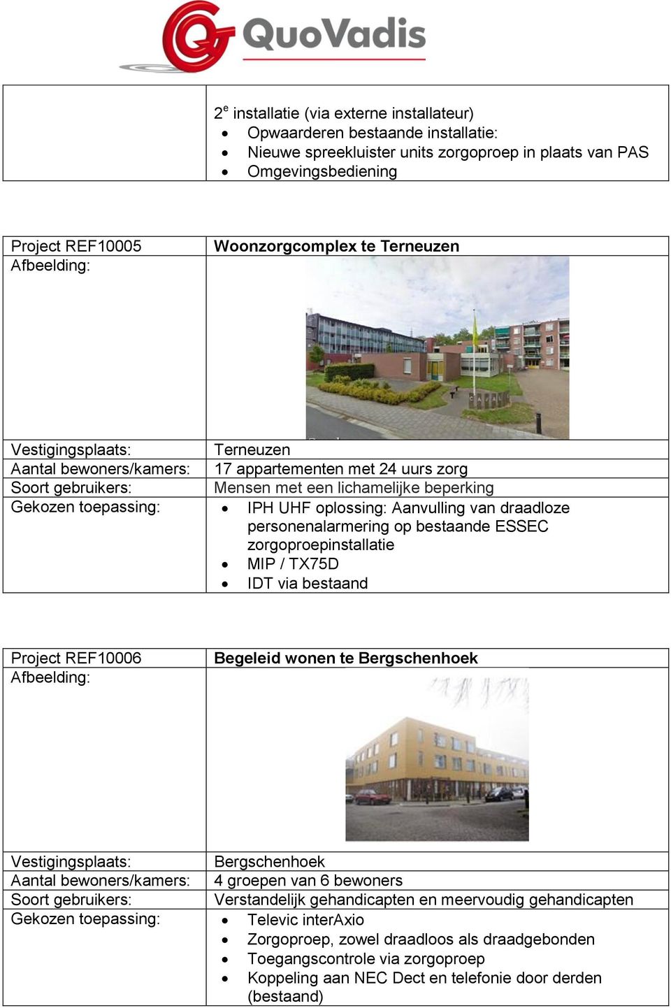 bestaande ESSEC zorgoproepinstallatie MIP / TX75D IDT via bestaand Project REF10006 Begeleid wonen te Bergschenhoek Bergschenhoek Aantal bewoners/kamers: 4 groepen van 6 bewoners Verstandelijk