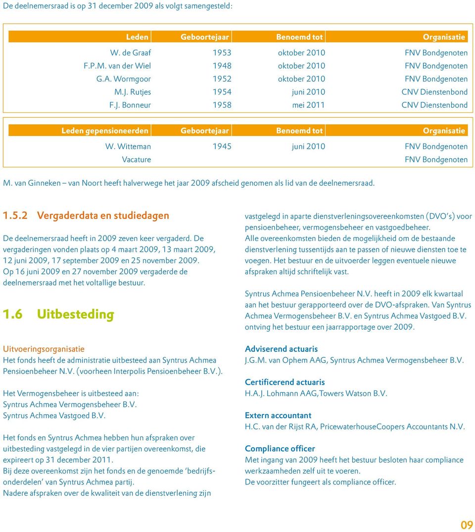 Witteman 1945 juni 2010 FNV Bondgenoten Vacature FNV Bondgenoten M. van Ginneken van Noort heeft halverwege het jaar 2009 afscheid genomen als lid van de deelnemersraad. 1.5.2 Vergaderdata en studiedagen De deelnemersraad heeft in 2009 zeven keer vergaderd.