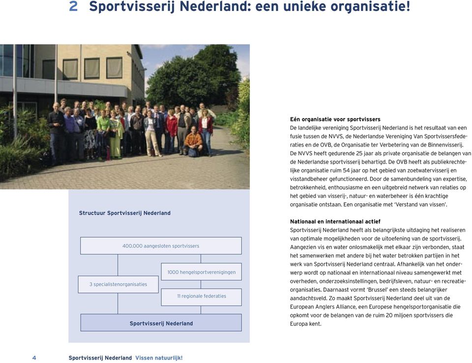 Sportvisserij Nederland is het resultaat van een fusie tussen de NVVS, de Nederlandse Vereniging Van Sportvissersfederaties en de OVB, de Organisatie ter Verbetering van de Binnenvisserij.