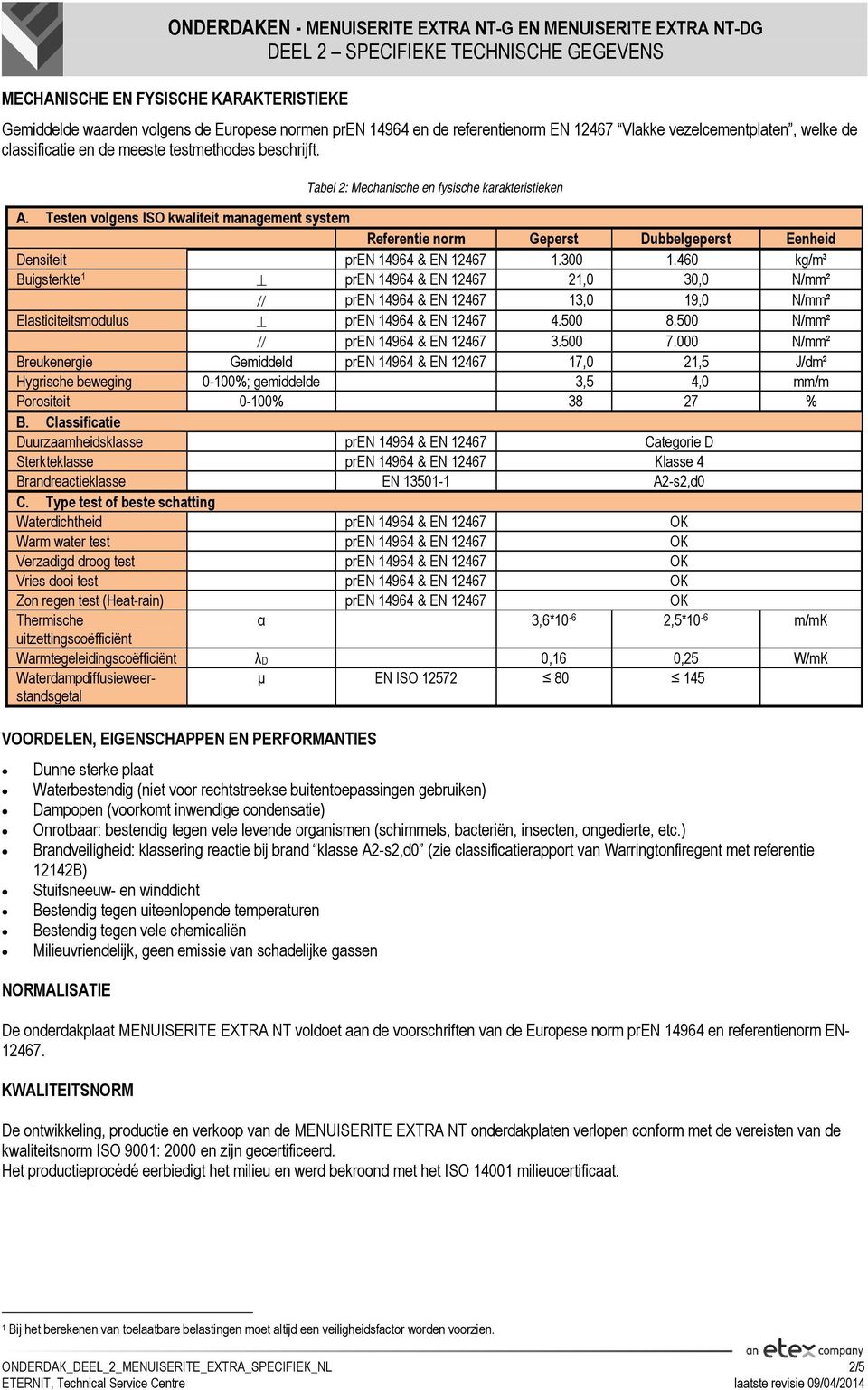 Testen volgens ISO kwaliteit management system Referentie norm Geperst Dubbelgeperst Eenheid Densiteit pren 14964 & EN 12467 1.300 1.