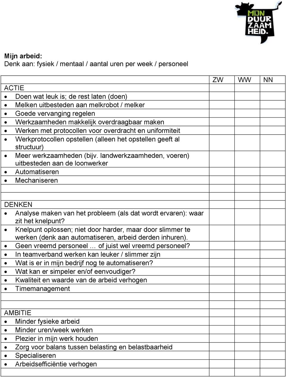 landwerkzaamheden, voeren) uitbesteden aan de loonwerker Automatiseren Mechaniseren Analyse maken van het probleem (als dat wordt ervaren): waar zit het knelpunt?