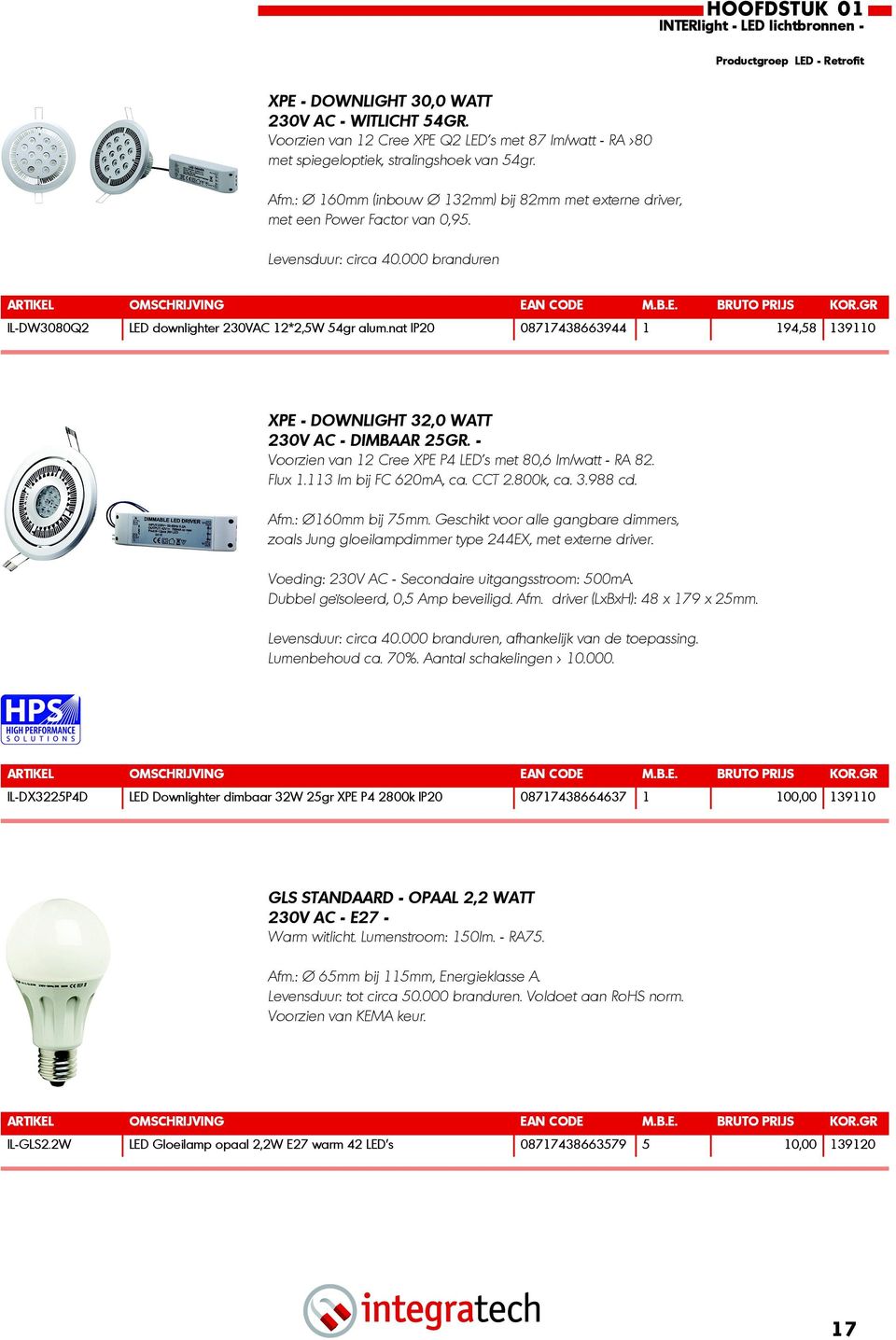 nat IP20 08717438663944 1 194,58 139110 XPE - DOWNLIGHT 32,0 WATT 230V AC - DIMBAAR 25GR. - Voorzien van 12 Cree XPE P4 LED's met 80,6 lm/watt - RA 82. Flux 1.113 lm bij FC 620mA, ca. CCT 2.800k, ca.