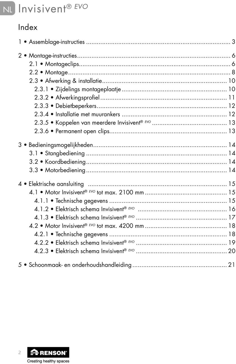 1 Stangbediening... 14 3.2 Koordbediening... 14 3.3 Motorbediening... 14 4 Elektrische aansluiting... 15 4.1 Motor Invisivent EVO tot max. 2100 mm... 15 4.1.1 Technische gegevens... 15 4.1.2 Elektrisch schema Invisivent EVO.