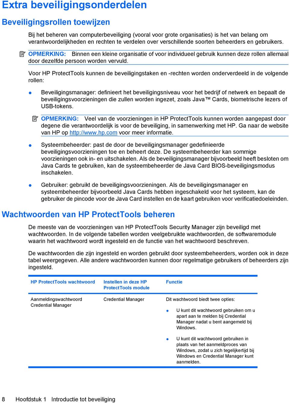 Voor HP ProtectTools kunnen de beveiligingstaken en -rechten worden onderverdeeld in de volgende rollen: Beveiligingsmanager: definieert het beveiligingsniveau voor het bedrijf of netwerk en bepaalt