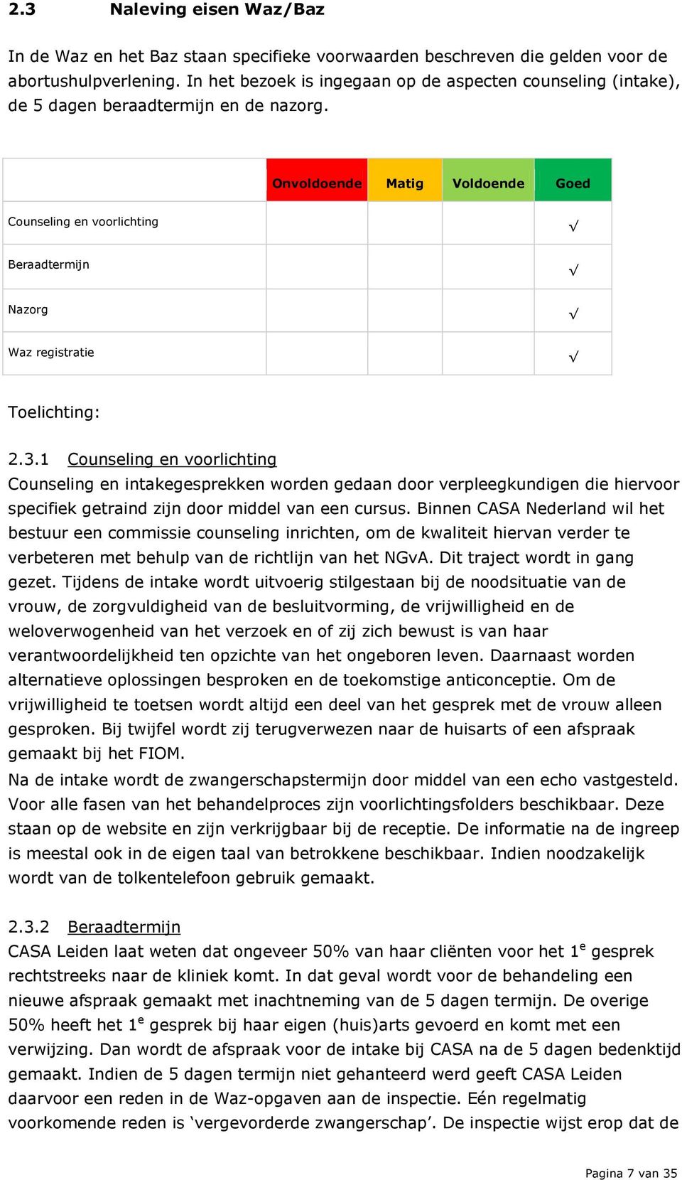 Onvoldoende Matig Voldoende Counseling en voorlichting Beraadtermijn Nazorg Waz registratie Toelichting: 2.3.