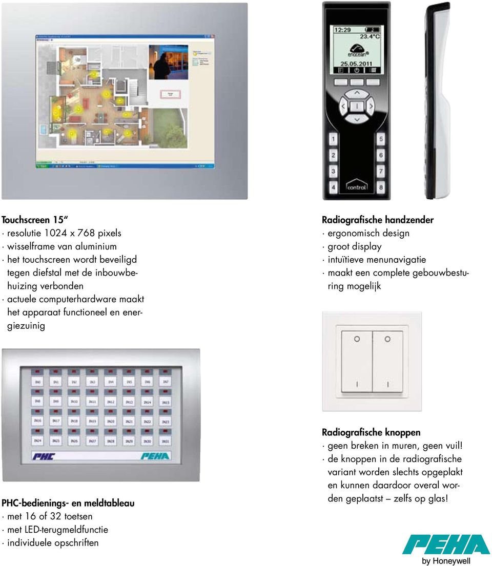 een complete gebouwbesturing mogelijk PHC-bedienings- en meldtableau met 16 of 32 toetsen met LED-terugmeldfunctie individuele opschriften Radiografische