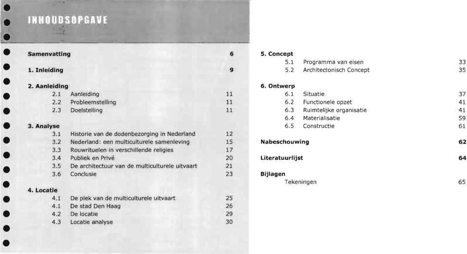 1 4.1 4.2 4.3 De plek van de multiculturele uitvaart De stad Den Haag De locatie Locatie analyse 6 9 11 11 11 12 15 17 20 21 23 25 26 29 30 5. Concept 5.1 Programma van eisen 5.