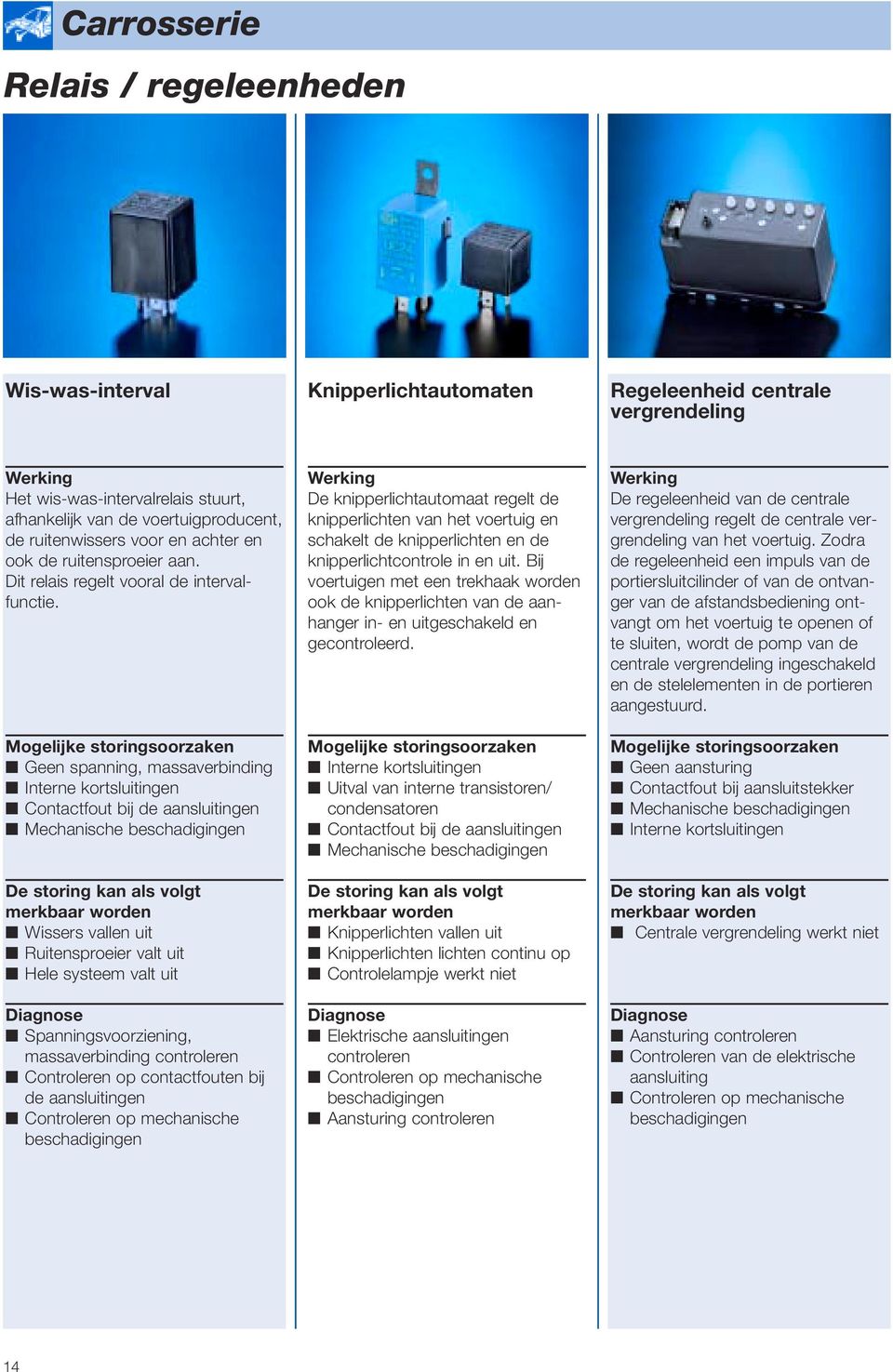 Contactfout bij de aansluitingen Wissers vallen uit Ruitensproeier valt uit Hele systeem valt uit Spanningsvoorziening, massaverbinding Controleren op contactfouten bij de aansluitingen De