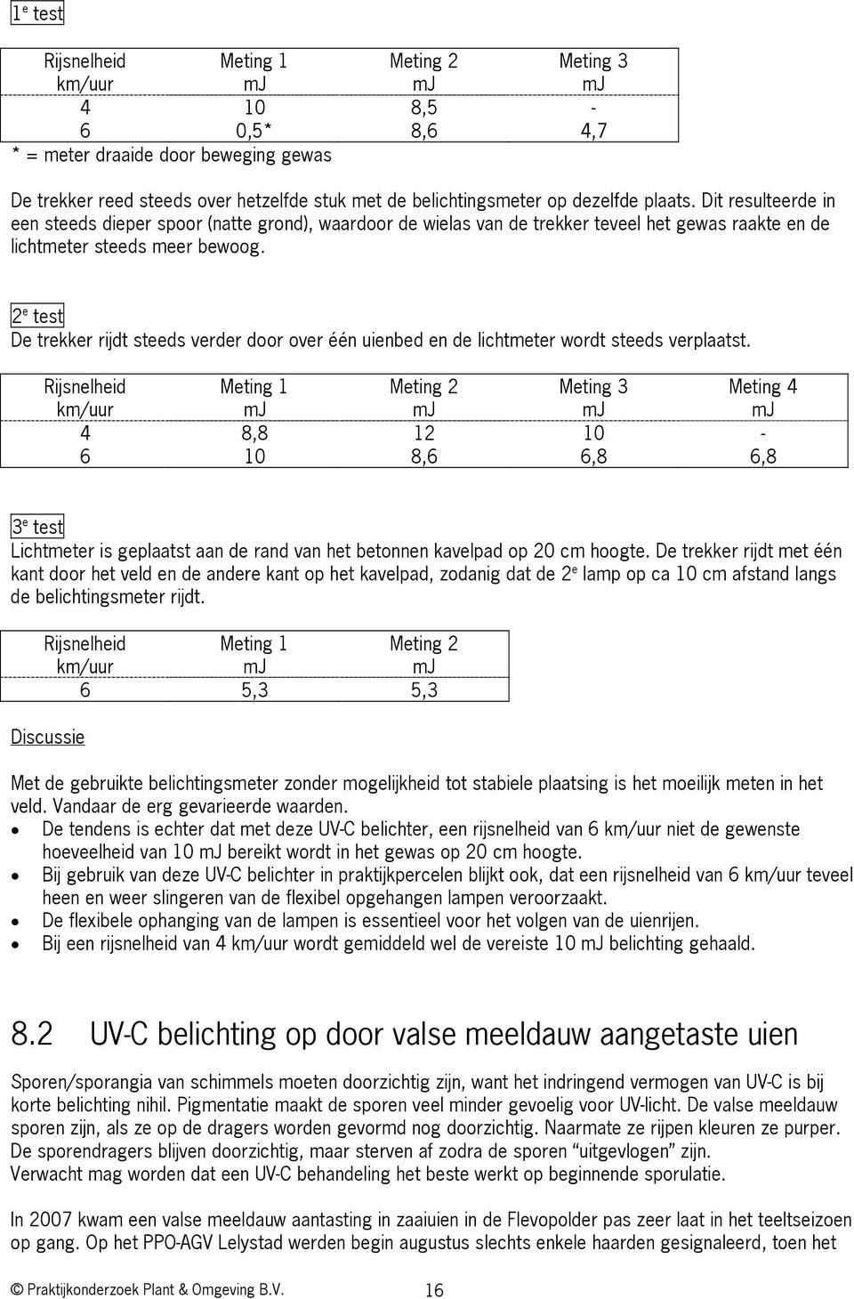 2 e test De trekker rijdt steeds verder door over één uienbed en de lichtmeter wordt steeds verplaatst.