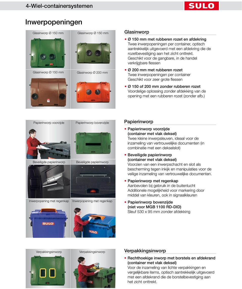 Geschikt voor de gangbare, in de handel verkrijgbare fl essen Ø 200 mm met rubberen rozet Twee inwerpopeningen per container Geschikt voor zeer grote fl essen Ø 150 of 200 mm zonder rubberen rozet