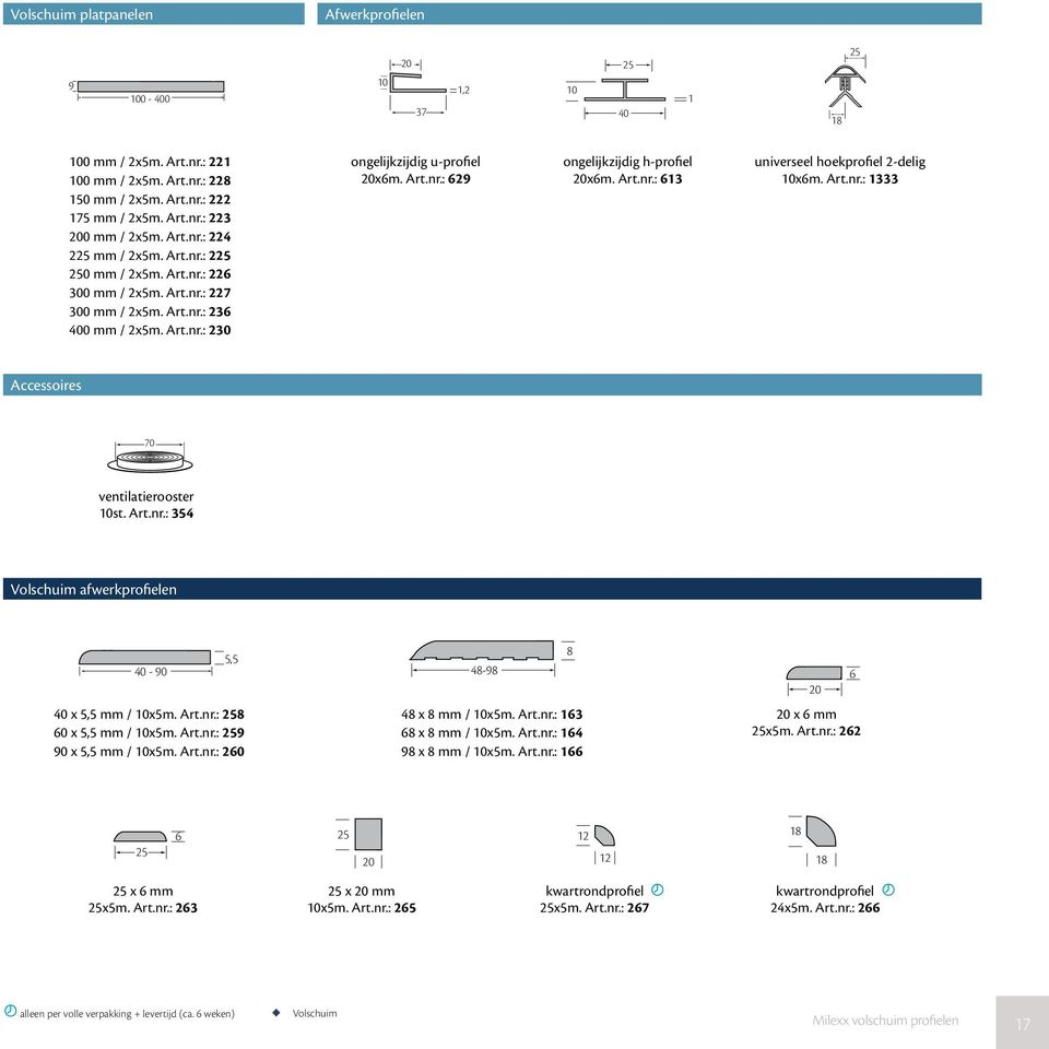 Art.nr.: 613 universeel hoekprofiel 2-delig x6m. Art.nr.: 1333 Accessoires 70 ventilatierooster st. Art.nr.: 4 Volschuim afwerkprofielen 40-90 5,5 40 x 5,5 mm / x5m. Art.nr.: 258 60 x 5,5 mm / x5m.
