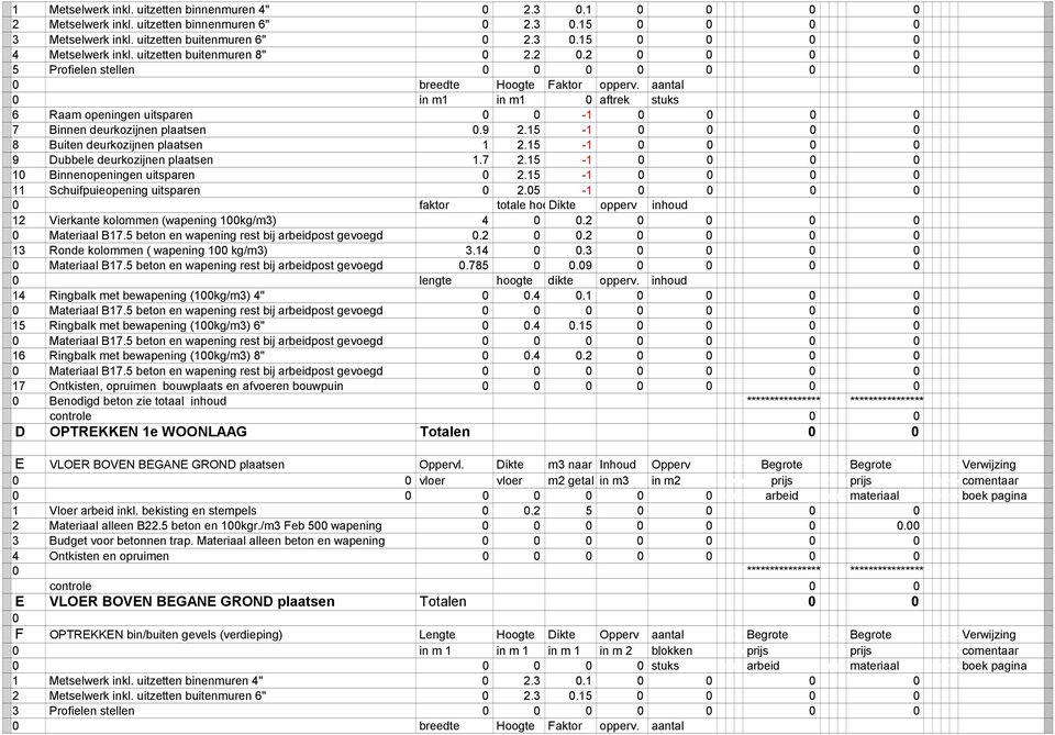 aantal 0 in m1 in m1 0 aftrek stuks 6 Raam openingen uitsparen 0 0-1 0 0 0 * * 0 * * * 7 Binnen deurkozijnen plaatsen 0.9 2.15-1 0 0 0 * * 0 * * * 8 Buiten deurkozijnen plaatsen 1 2.