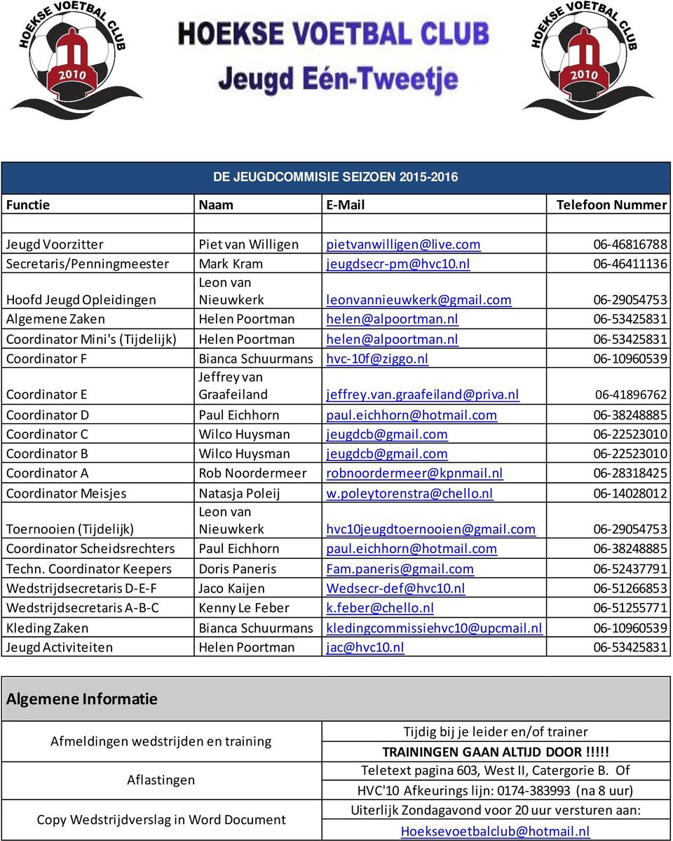 nl 06-53425831 Coordinator Mini's (Tijdelijk) Helen Poortman helen@alpoortman.nl 06-53425831 Coordinator F Bianca Schuurmans hvc-10f@ziggo.nl 06-10960539 Jeffrey van Coordinator E Graafeiland jeffrey.